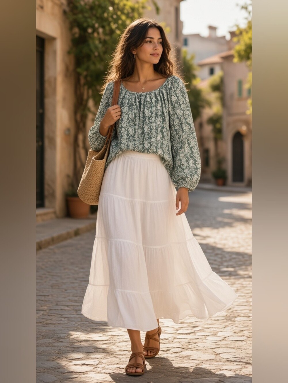 J. Crew Sage Green and White Floral Peasant Top